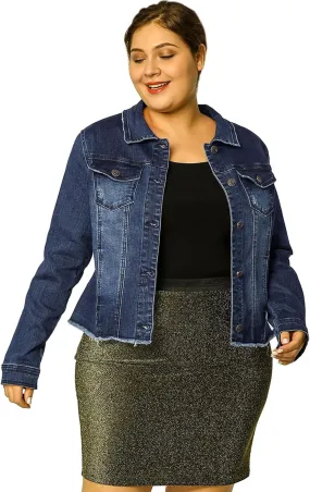 Agnes Orinda Women's Plus Size Classic Washed Front Frayed Denim Jacket