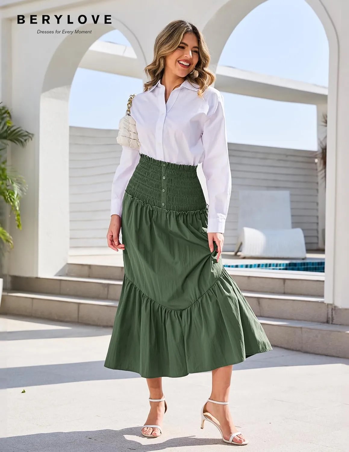 BeryLove Women’s Summer Boho Flowy Tiered A-Line Midi Skirt 2025 Fashion Elastic Waist Pleated Long Beach Skirt