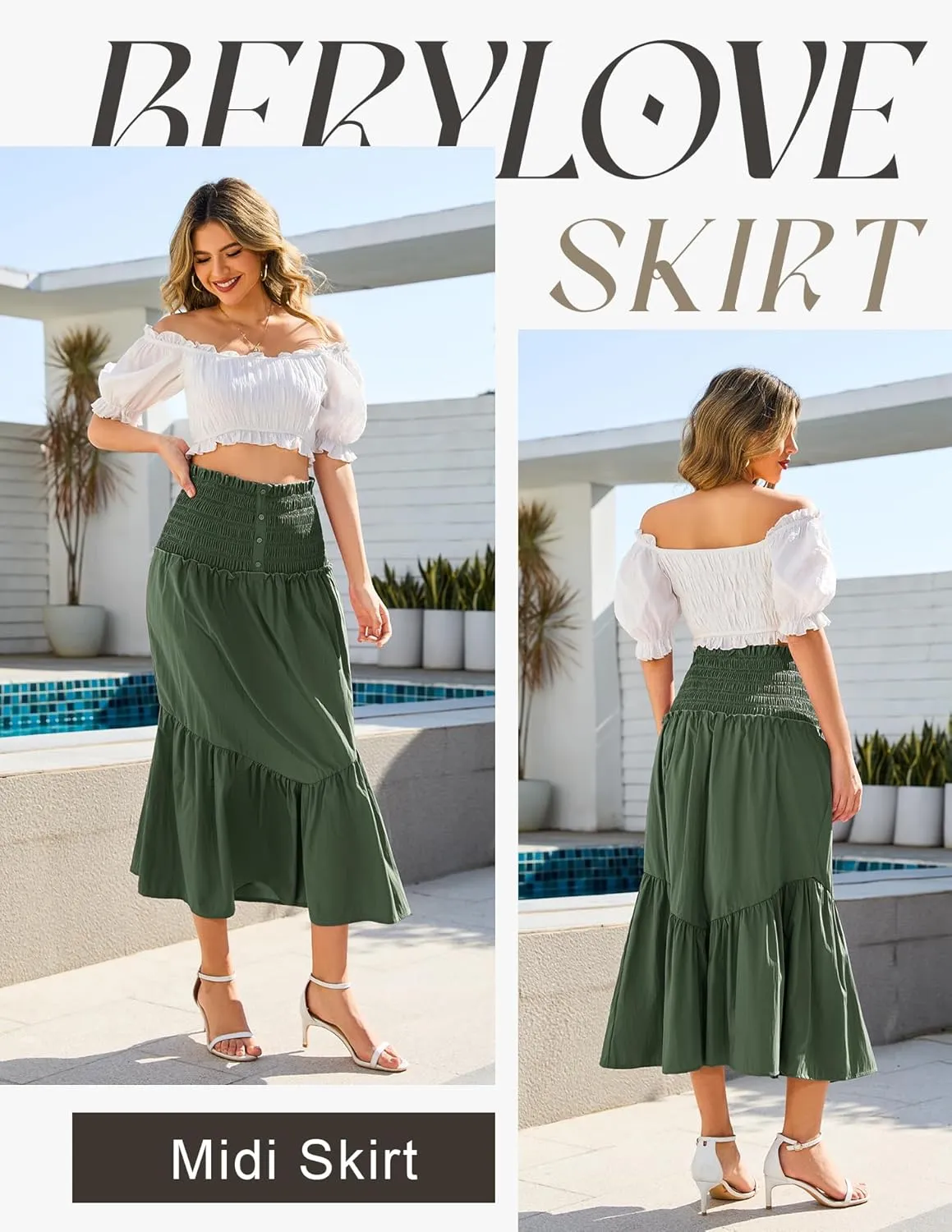 BeryLove Women’s Summer Boho Flowy Tiered A-Line Midi Skirt 2025 Fashion Elastic Waist Pleated Long Beach Skirt