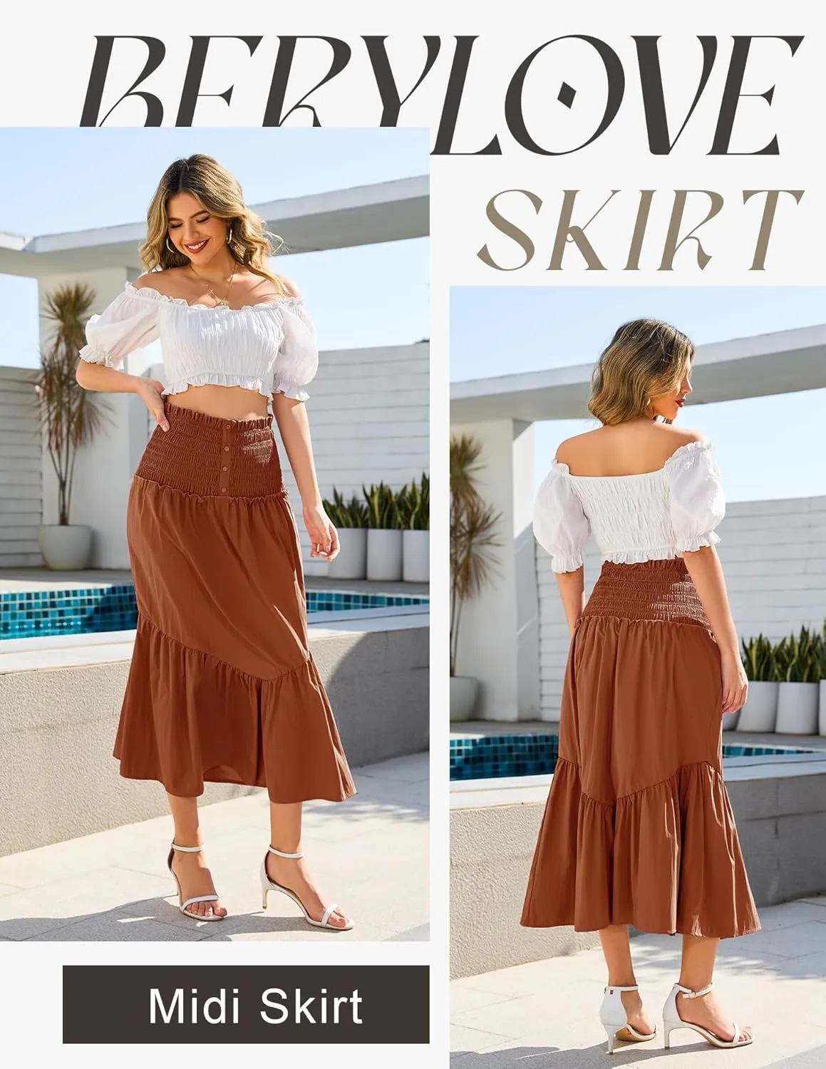 BeryLove Women’s Summer Boho Flowy Tiered A-Line Midi Skirt 2025 Fashion Elastic Waist Pleated Long Beach Skirt