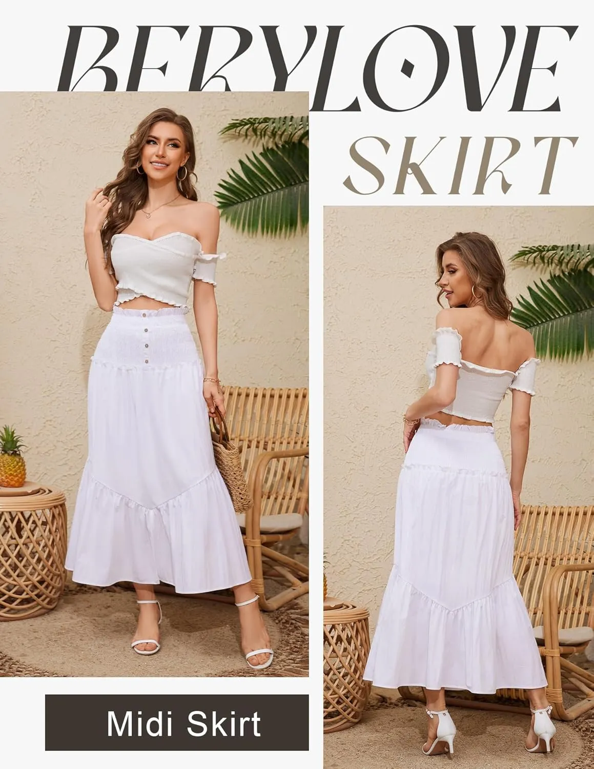 BeryLove Women’s Summer Boho Flowy Tiered A-Line Midi Skirt 2025 Fashion Elastic Waist Pleated Long Beach Skirt