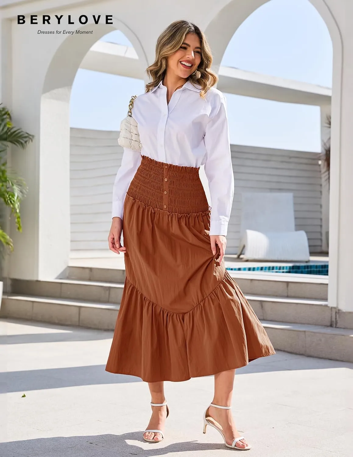 BeryLove Women’s Summer Boho Flowy Tiered A-Line Midi Skirt 2025 Fashion Elastic Waist Pleated Long Beach Skirt