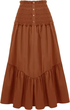 BeryLove Women’s Summer Boho Flowy Tiered A-Line Midi Skirt 2025 Fashion Elastic Waist Pleated Long Beach Skirt