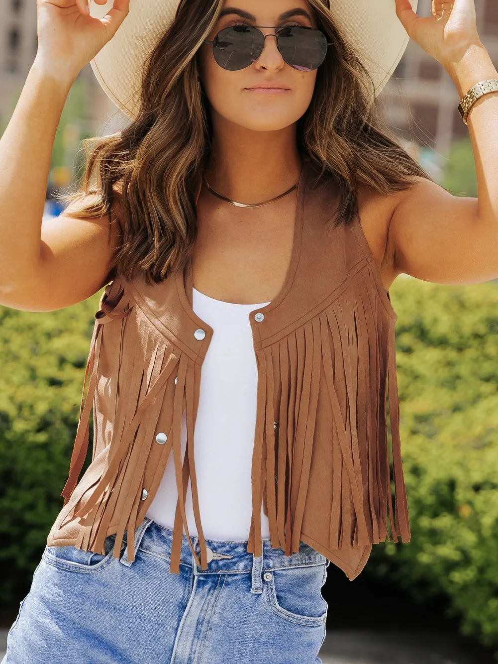 Boho Chic Camel Suede Fringe Vest with Snap Button Closure