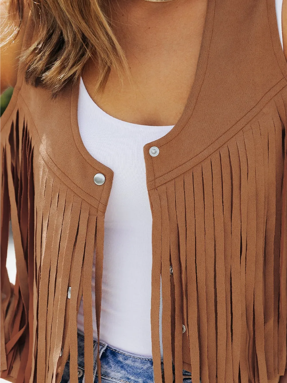 Boho Chic Camel Suede Fringe Vest with Snap Button Closure