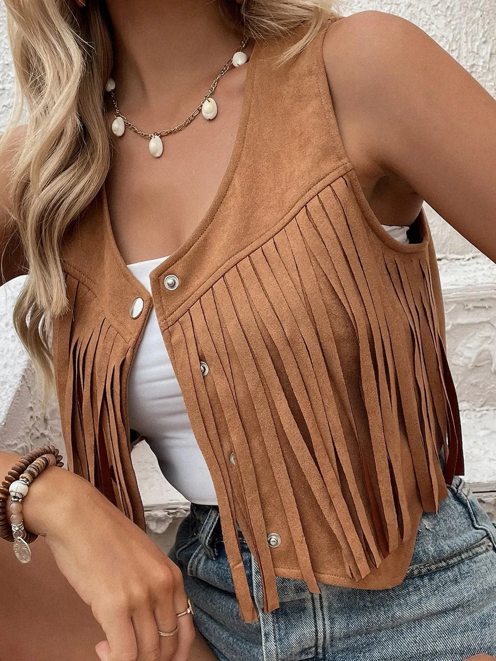 Boho Chic Camel Suede Fringe Vest with Snap Button Closure