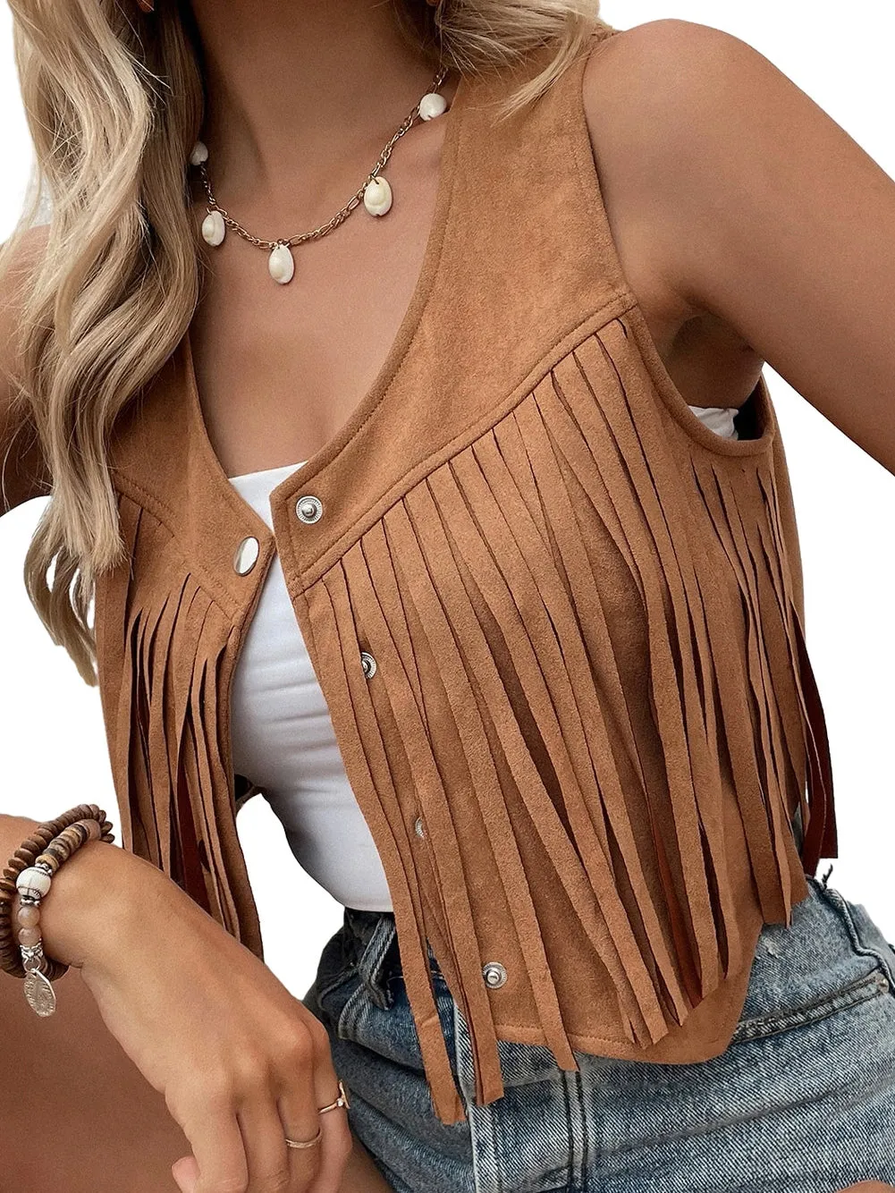 Boho Chic Camel Suede Fringe Vest with Snap Button Closure