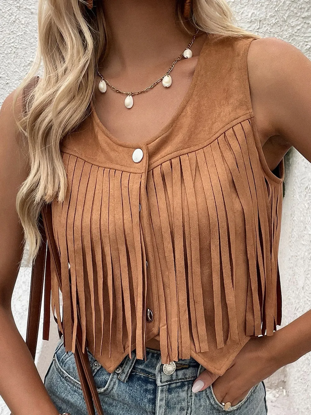 Boho Chic Camel Suede Fringe Vest with Snap Button Closure