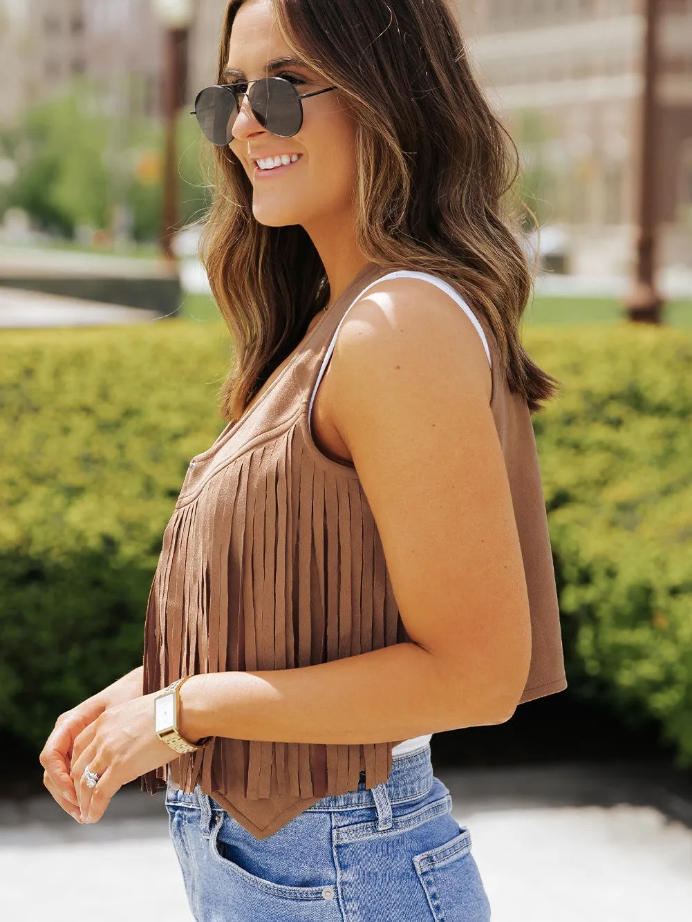 Boho Chic Camel Suede Fringe Vest with Snap Button Closure