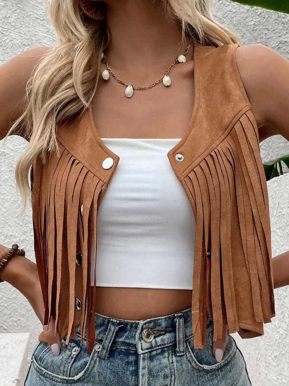 Boho Chic Camel Suede Fringe Vest with Snap Button Closure