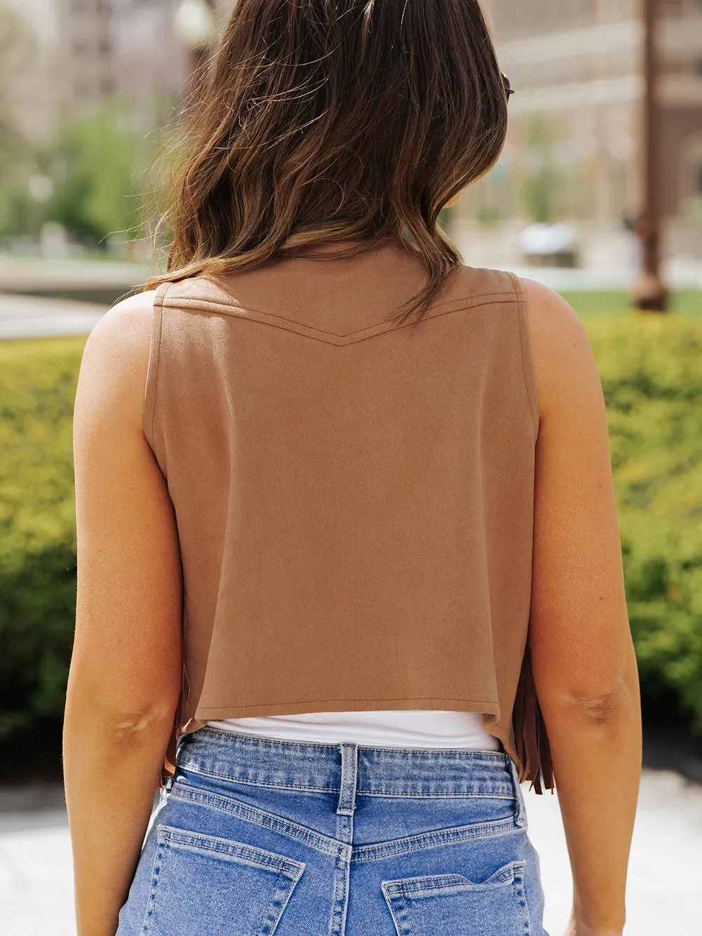 Boho Chic Camel Suede Fringe Vest with Snap Button Closure