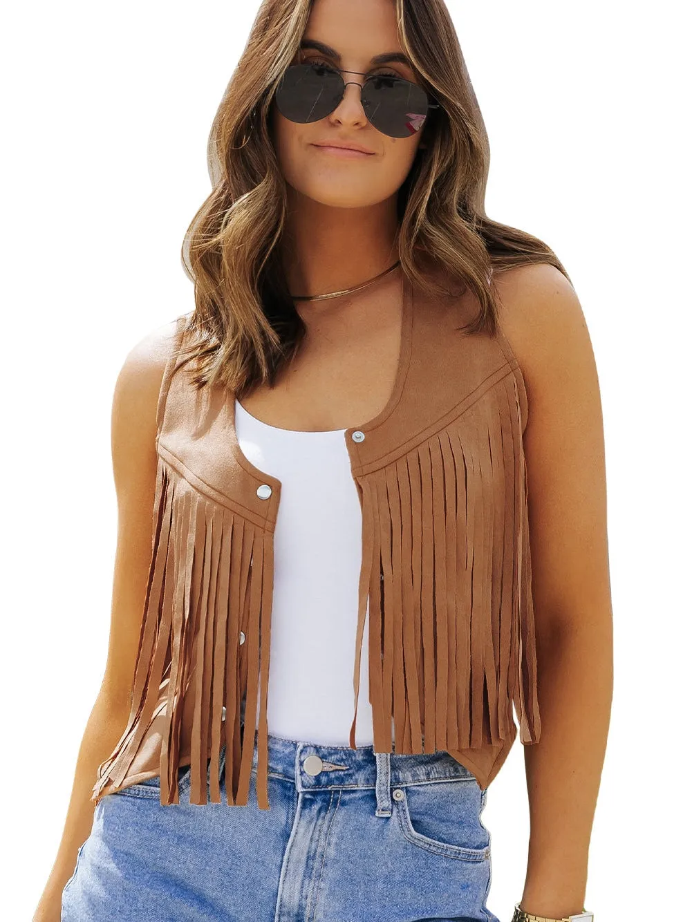 Boho Chic Camel Suede Fringe Vest with Snap Button Closure