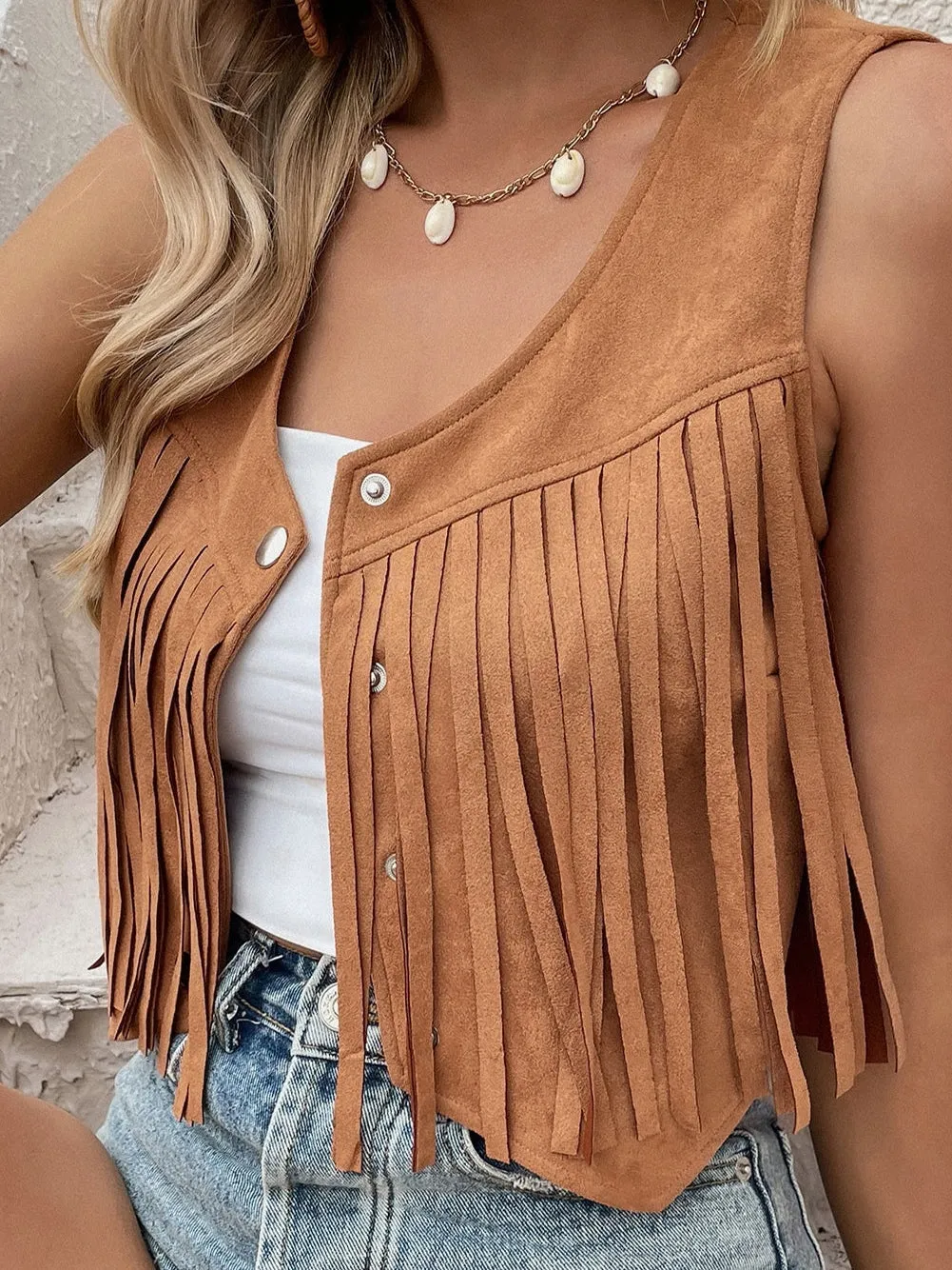 Boho Chic Camel Suede Fringe Vest with Snap Button Closure