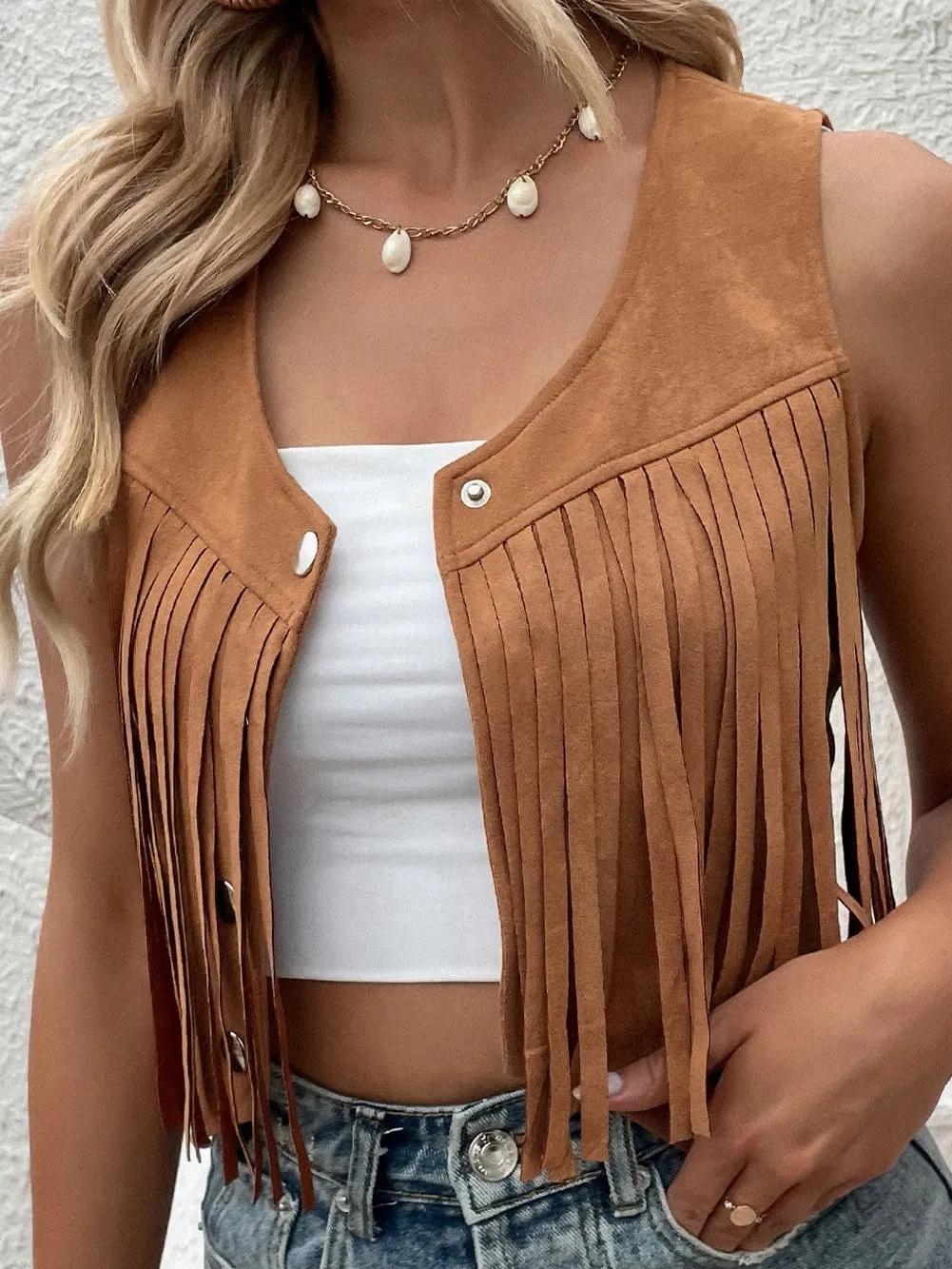 Boho Chic Camel Suede Fringe Vest with Snap Button Closure