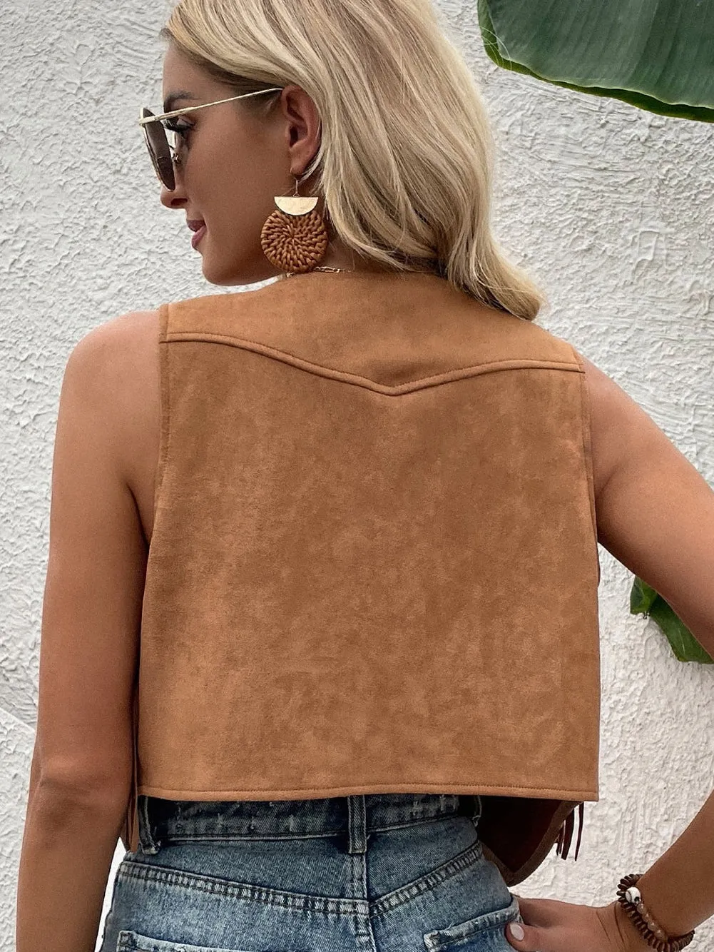 Boho Chic Camel Suede Fringe Vest with Snap Button Closure