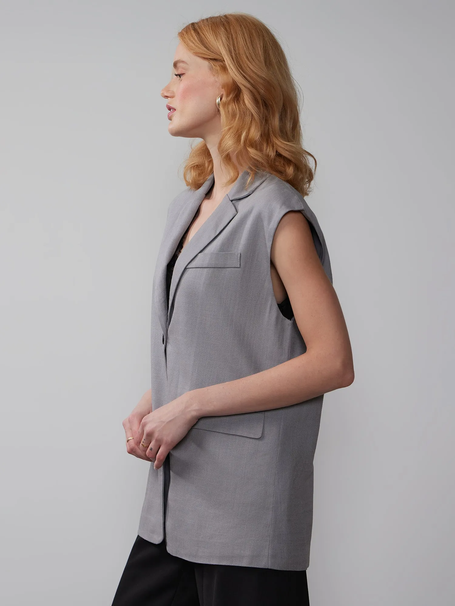 Button Front Linen Boxy Vest