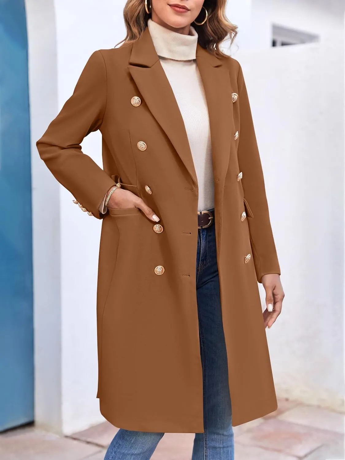 BZB Women's Elegant Notched Collar Double Button Slim Long Wool Blend Pea Coat Jacket