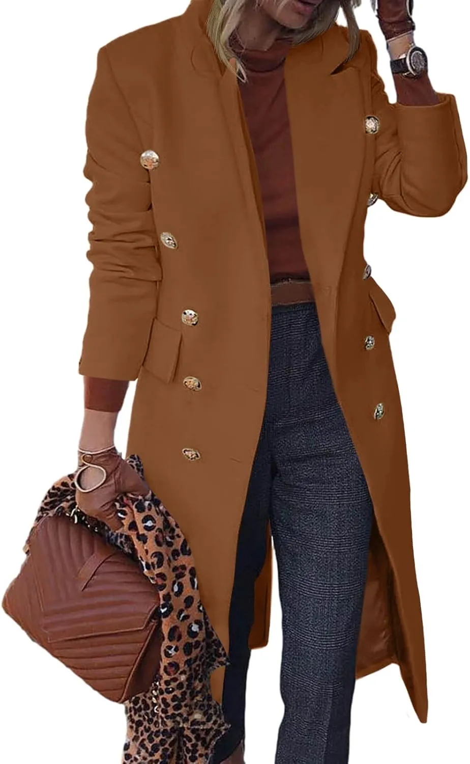 BZB Women's Elegant Notched Collar Double Button Slim Long Wool Blend Pea Coat Jacket