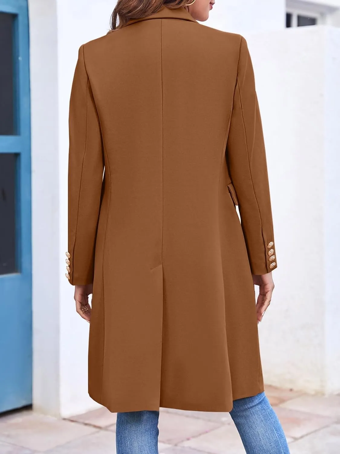 BZB Women's Elegant Notched Collar Double Button Slim Long Wool Blend Pea Coat Jacket