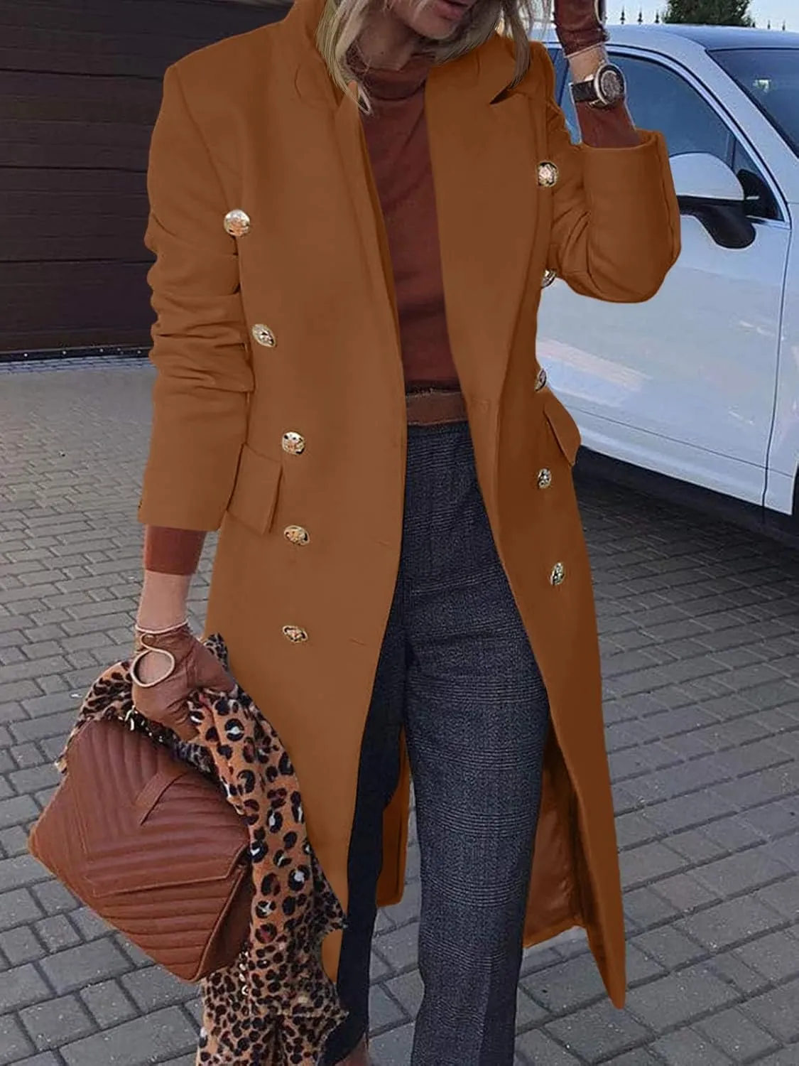 BZB Women's Elegant Notched Collar Double Button Slim Long Wool Blend Pea Coat Jacket