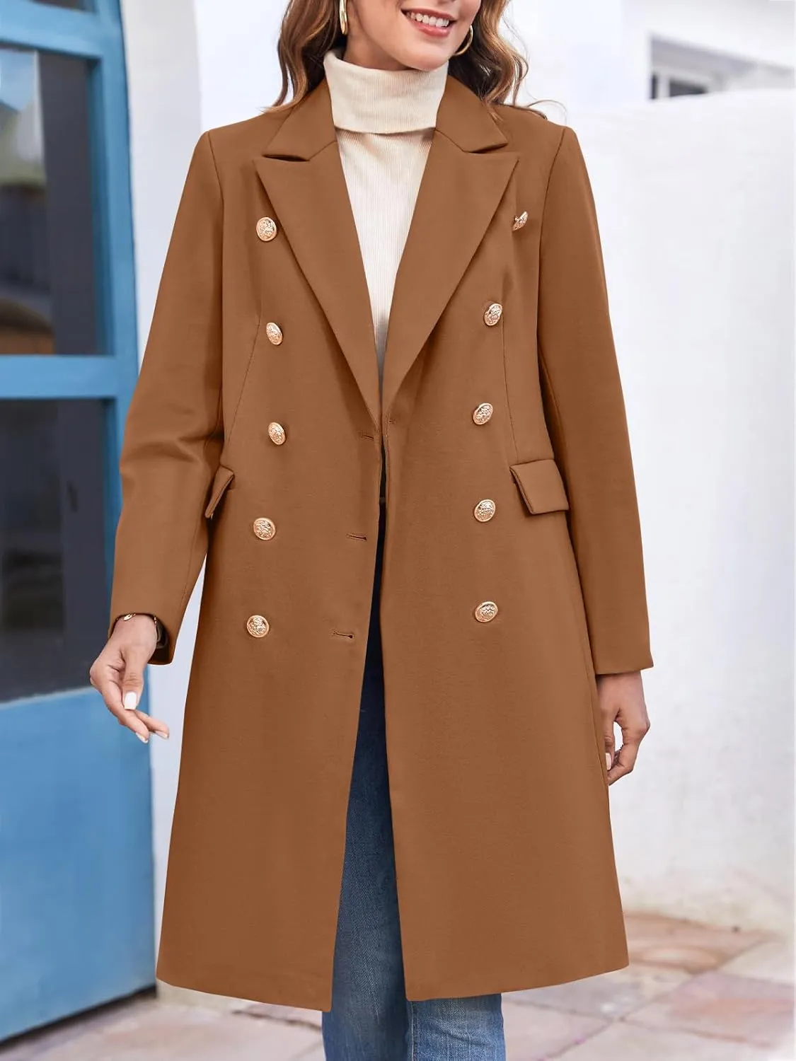 BZB Women's Elegant Notched Collar Double Button Slim Long Wool Blend Pea Coat Jacket