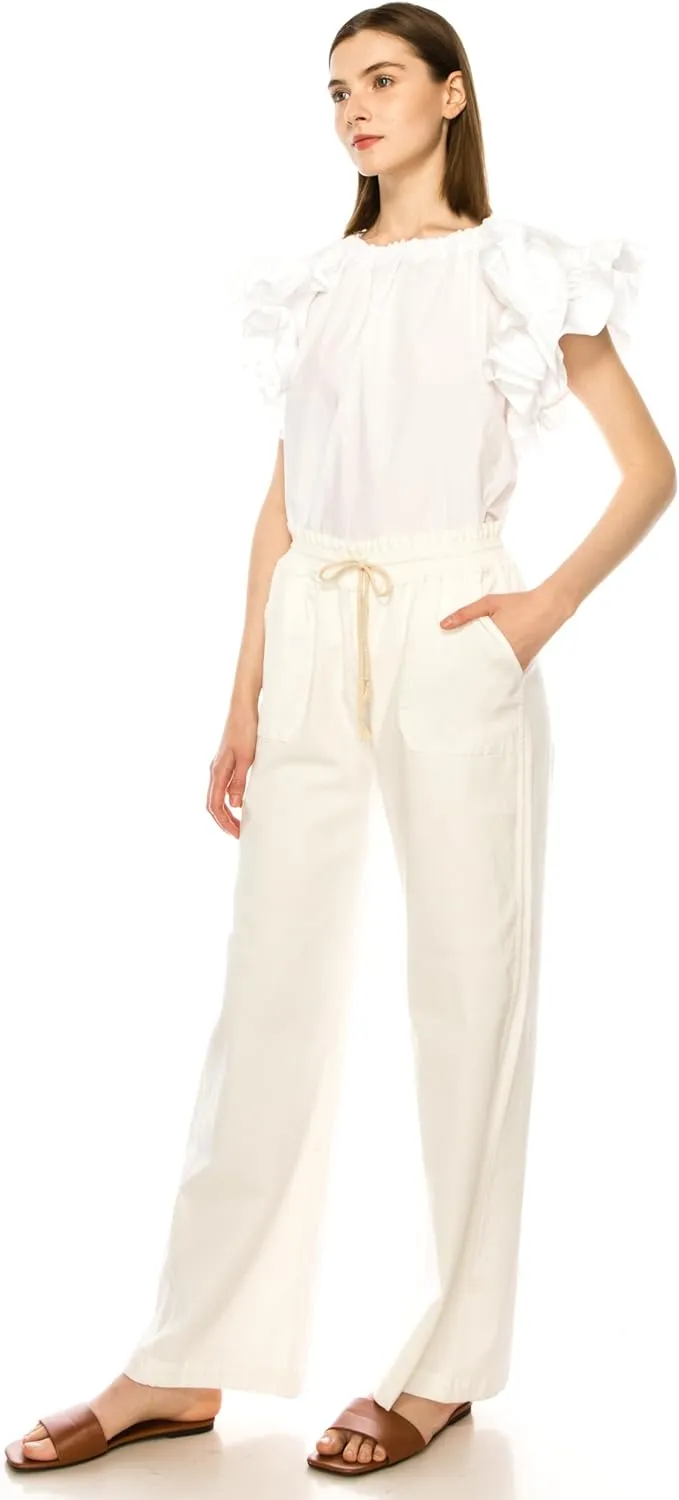 Eevee Women's Cotton Linen Pants, Summer Wide Leg Casual Loose Drawstring Elastic Waistband with Pockets