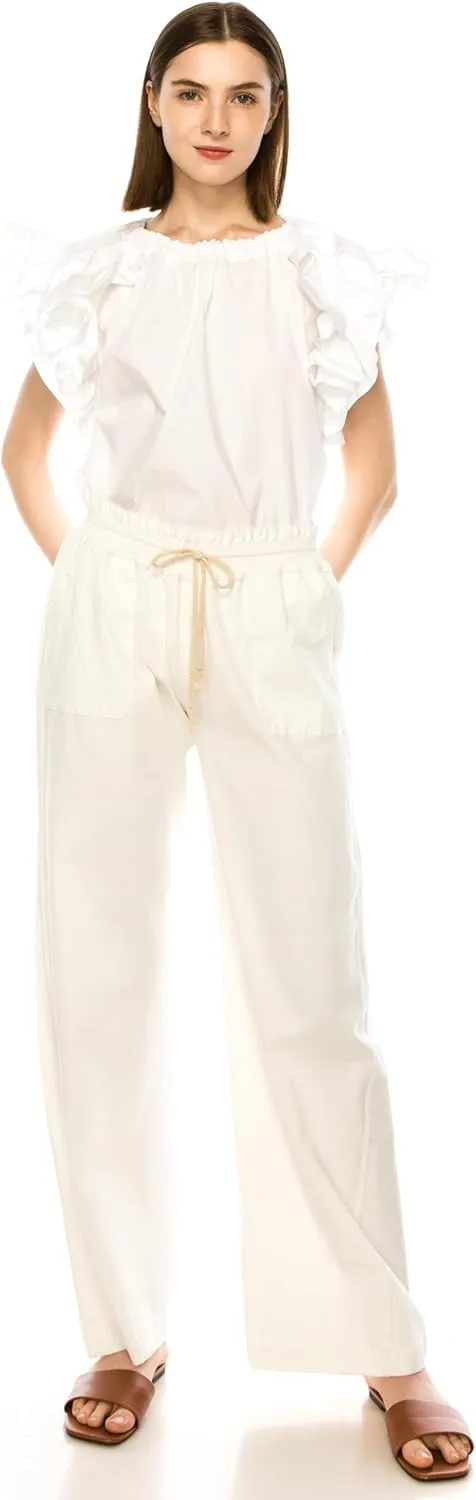 Eevee Women's Cotton Linen Pants, Summer Wide Leg Casual Loose Drawstring Elastic Waistband with Pockets