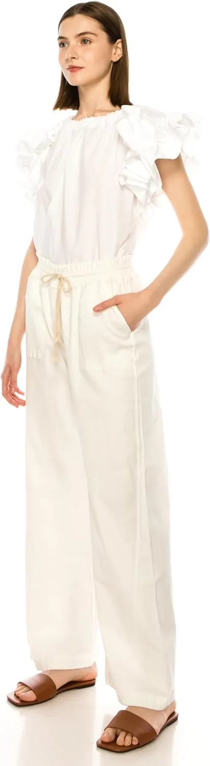 Eevee Women's Cotton Linen Pants, Summer Wide Leg Casual Loose Drawstring Elastic Waistband with Pockets