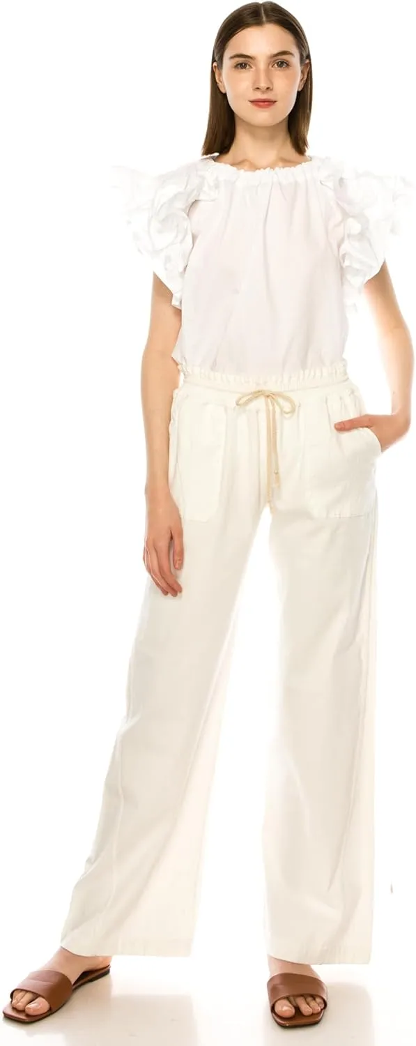 Eevee Women's Cotton Linen Pants, Summer Wide Leg Casual Loose Drawstring Elastic Waistband with Pockets