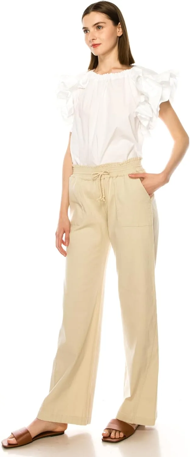 Eevee Women's Cotton Linen Pants, Summer Wide Leg Casual Loose Drawstring Elastic Waistband with Pockets
