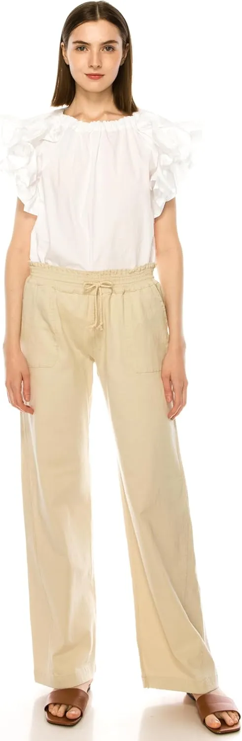 Eevee Women's Cotton Linen Pants, Summer Wide Leg Casual Loose Drawstring Elastic Waistband with Pockets