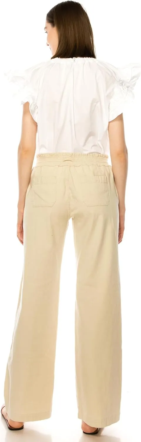 Eevee Women's Cotton Linen Pants, Summer Wide Leg Casual Loose Drawstring Elastic Waistband with Pockets