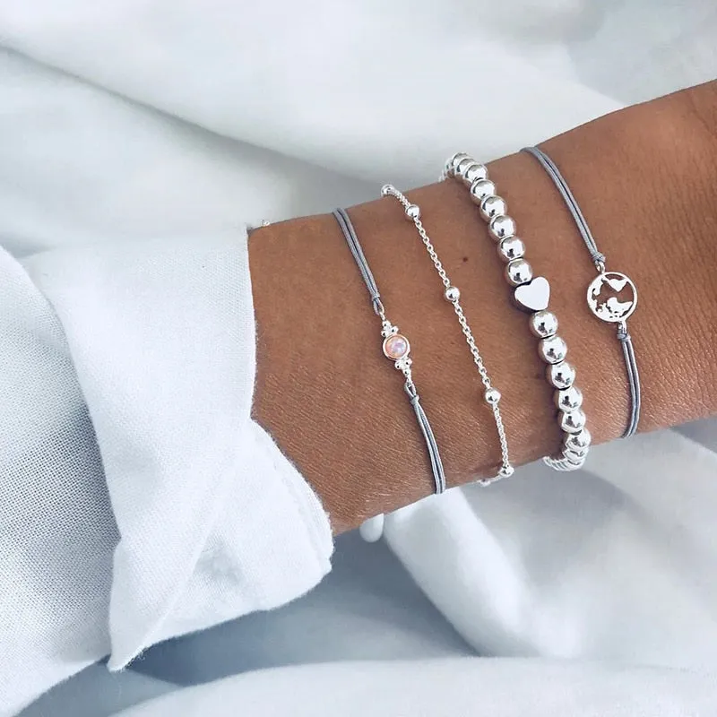Elegant Gold Leaves Heart Pendant Cuff Bracelet Set