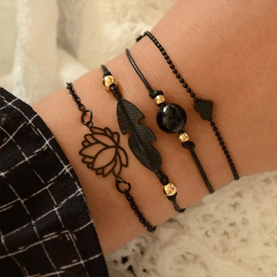 Elegant Gold Leaves Heart Pendant Cuff Bracelet Set
