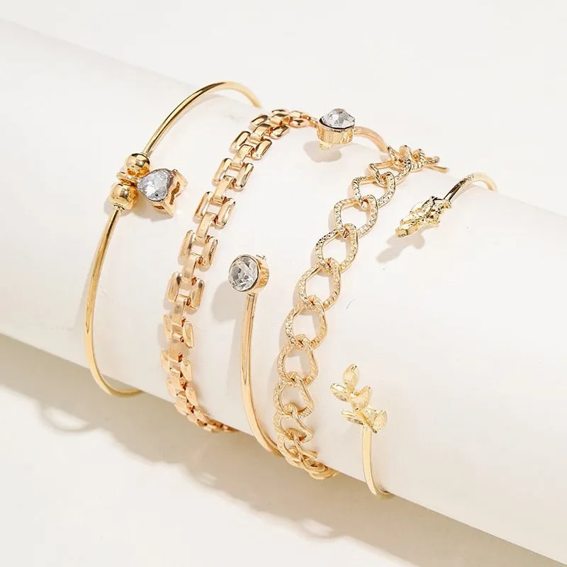Elegant Gold Leaves Heart Pendant Cuff Bracelet Set