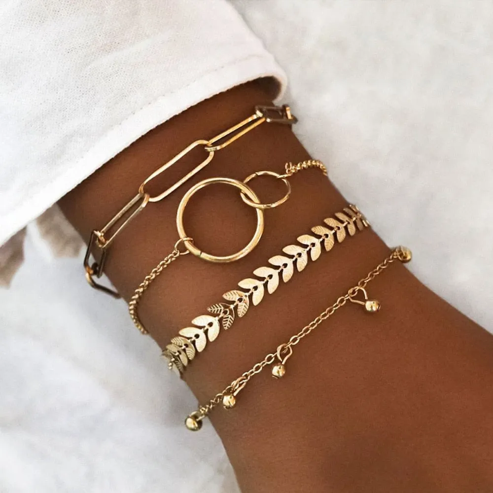 Elegant Gold Leaves Heart Pendant Cuff Bracelet Set