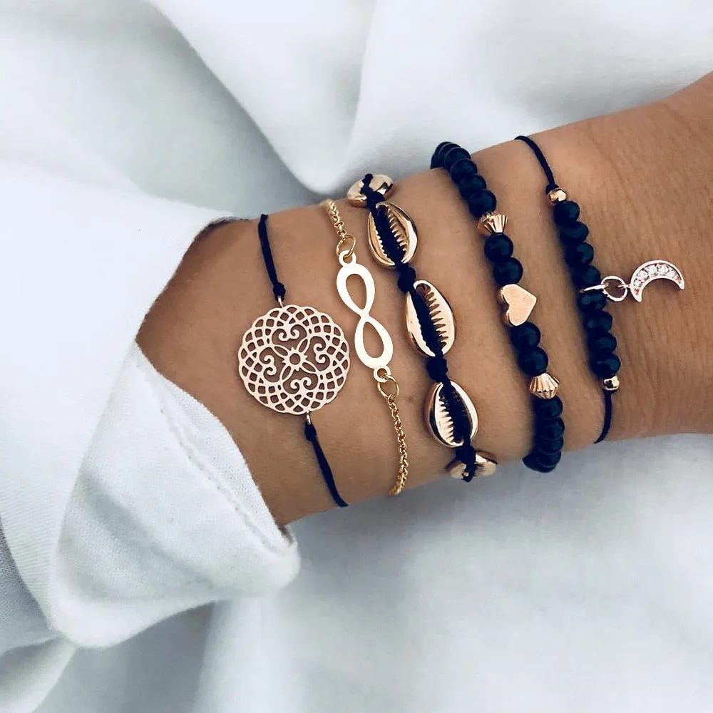 Elegant Gold Leaves Heart Pendant Cuff Bracelet Set