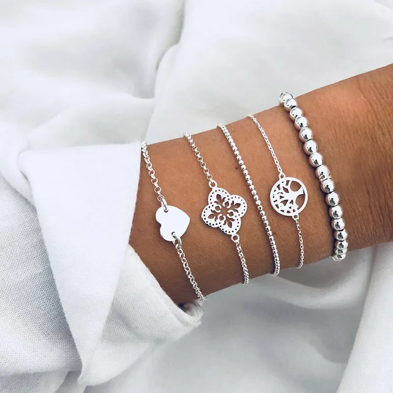 Elegant Gold Leaves Heart Pendant Cuff Bracelet Set