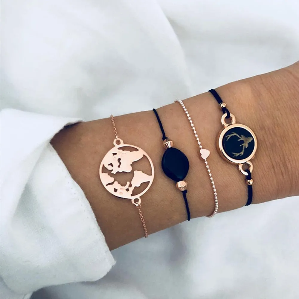 Elegant Gold Leaves Heart Pendant Cuff Bracelet Set