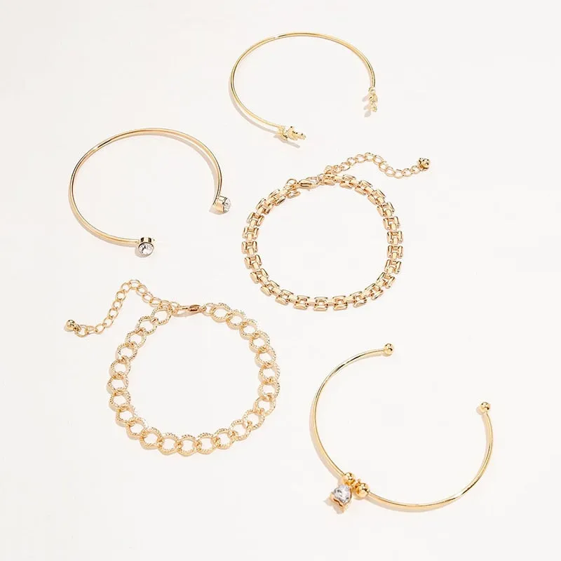 Elegant Gold Leaves Heart Pendant Cuff Bracelet Set