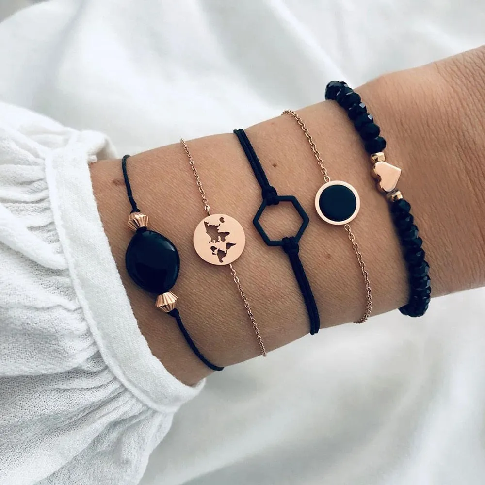 Elegant Gold Leaves Heart Pendant Cuff Bracelet Set