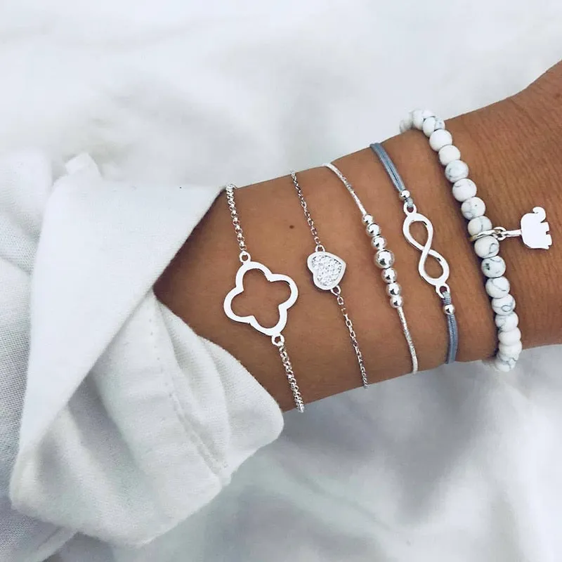 Elegant Gold Leaves Heart Pendant Cuff Bracelet Set
