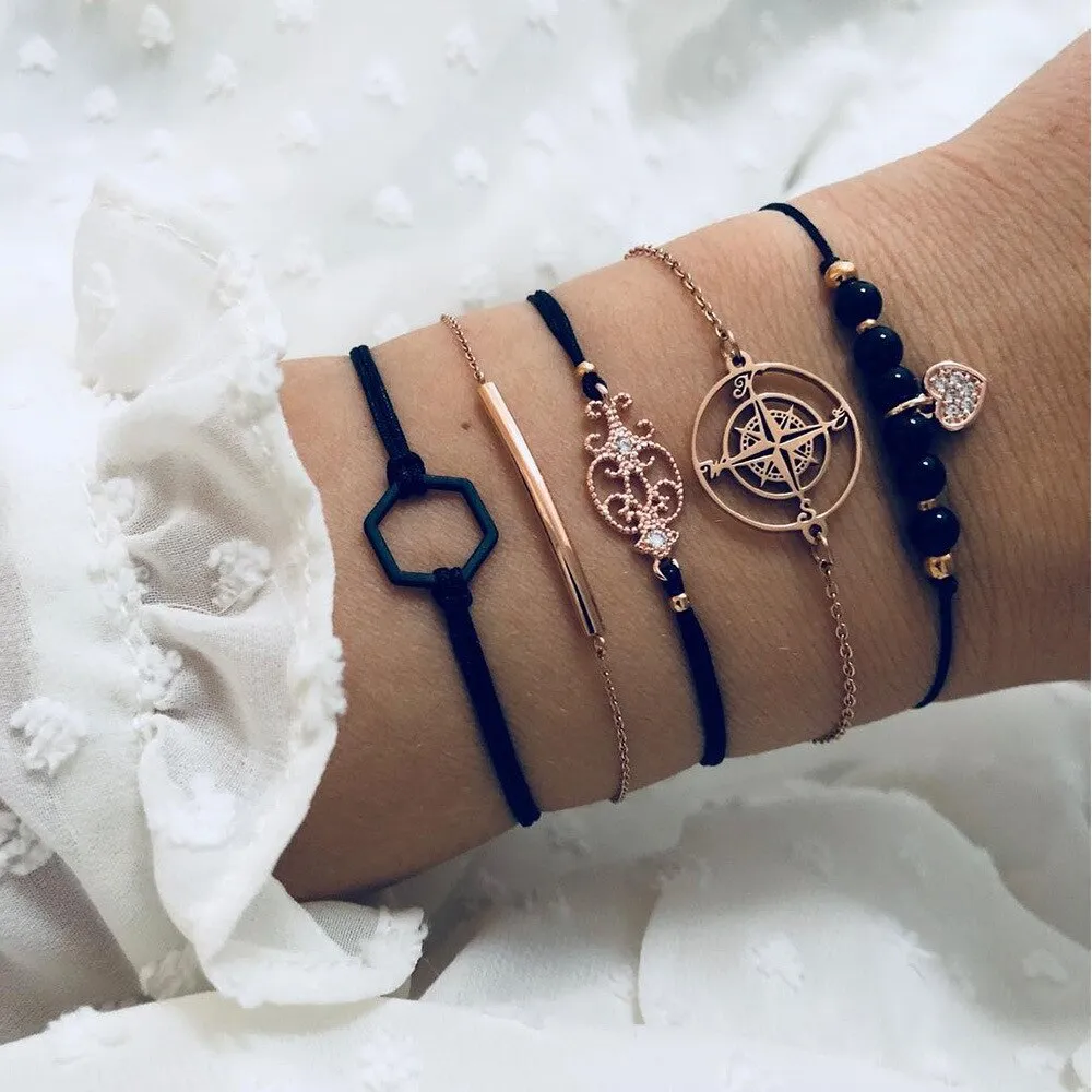 Elegant Gold Leaves Heart Pendant Cuff Bracelet Set