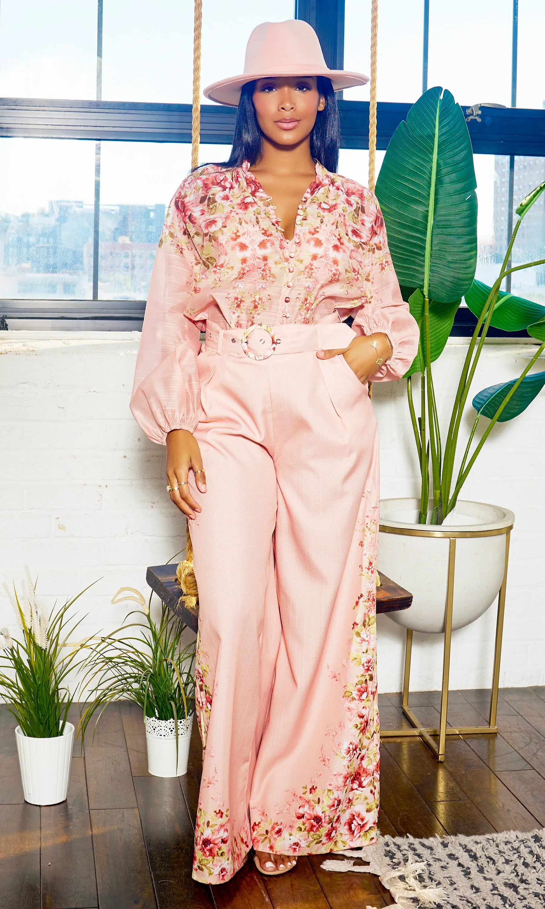 Fancy Floral | Long Belted Pants Set - Blush Artwork Print FINAL SALE
