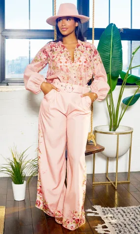 Fancy Floral | Long Belted Pants Set - Blush Artwork Print FINAL SALE