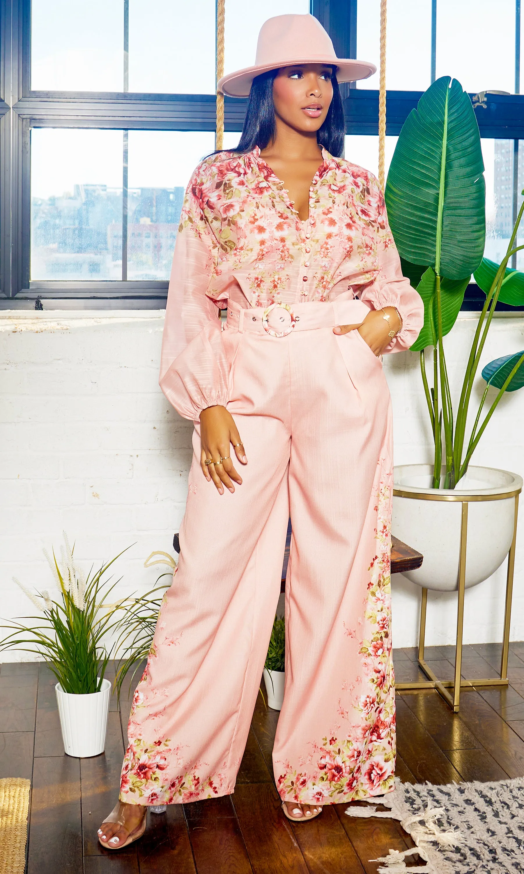 Fancy Floral | Long Belted Pants Set - Blush Artwork Print FINAL SALE
