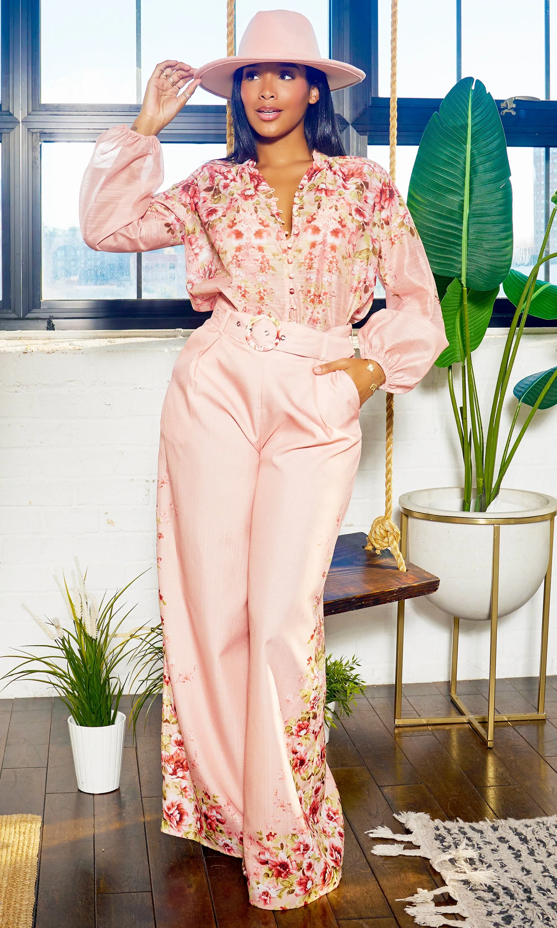 Fancy Floral | Long Belted Pants Set - Blush Artwork Print FINAL SALE