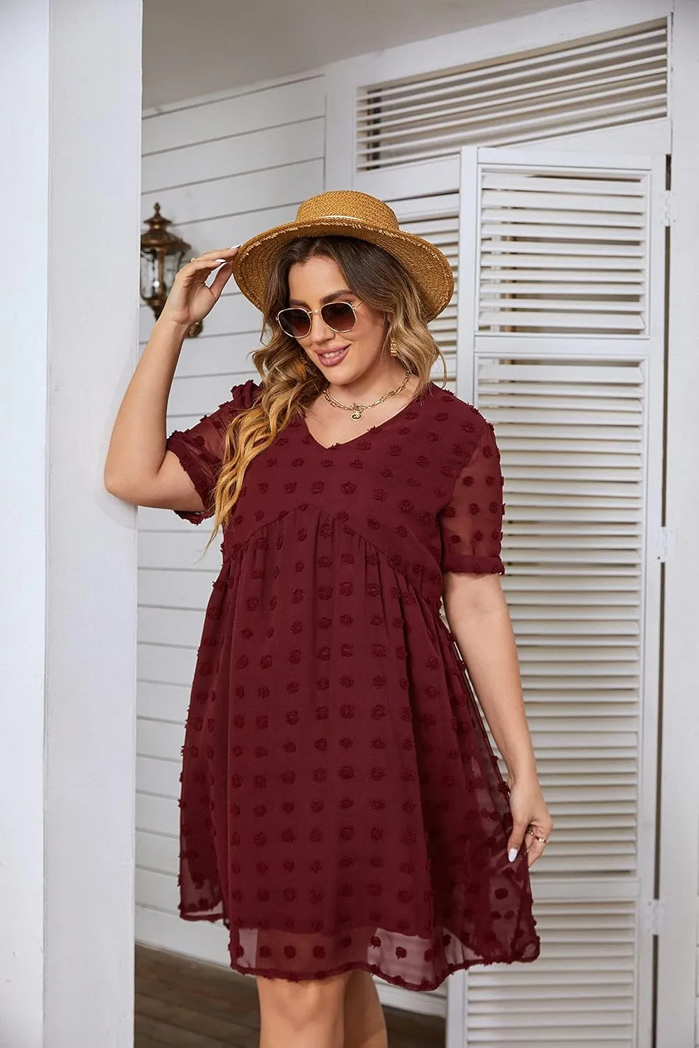 HBEYYTO Women's Summer Short Sleeve Sexy V Neck Flowy Mini Dress Plus Size Casual Dress Swiss Dot Short Loose Fit Sun Dress