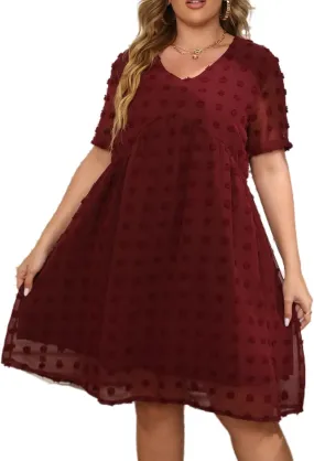 HBEYYTO Women's Summer Short Sleeve Sexy V Neck Flowy Mini Dress Plus Size Casual Dress Swiss Dot Short Loose Fit Sun Dress