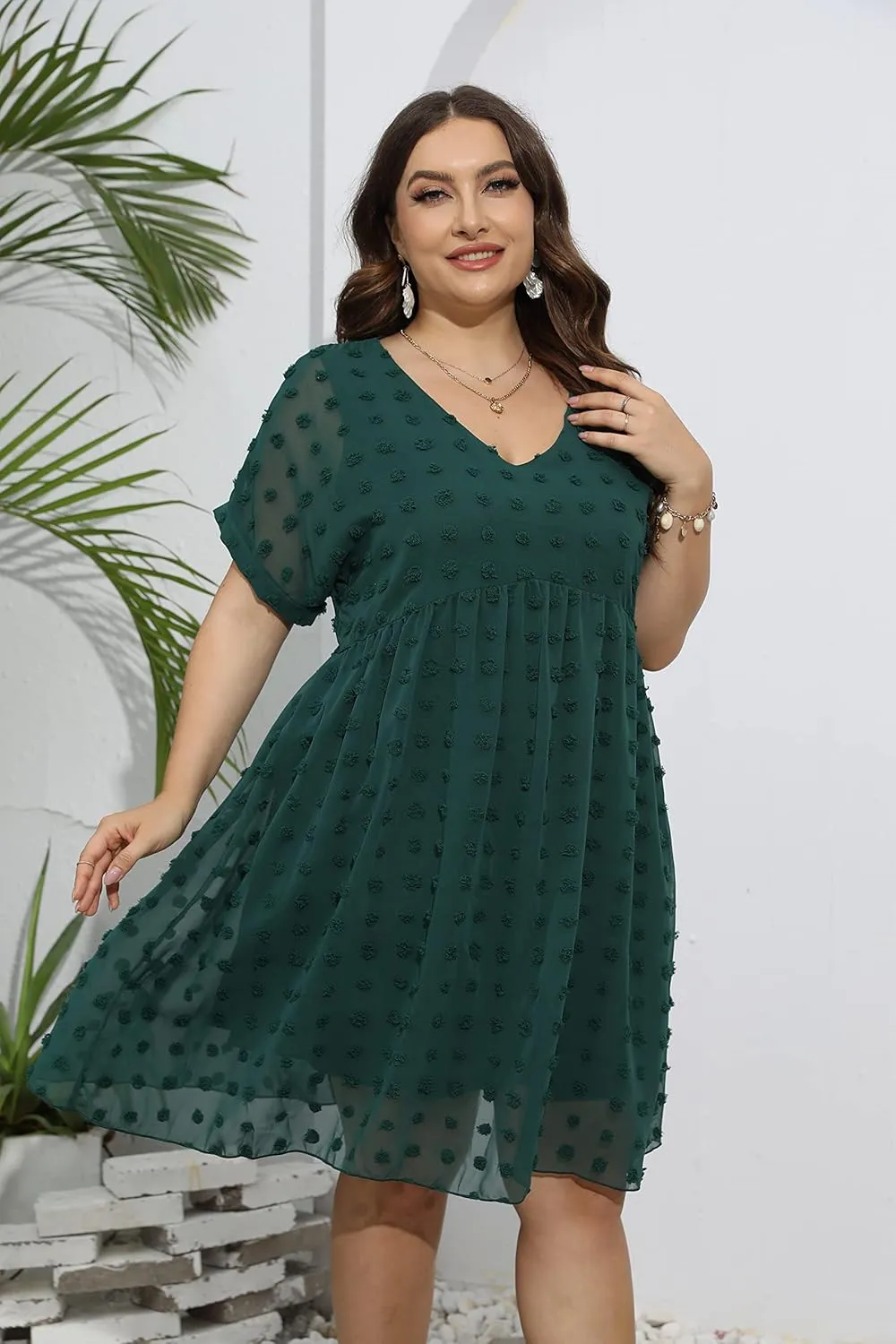 HBEYYTO Women's Summer Short Sleeve Sexy V Neck Flowy Mini Dress Plus Size Casual Dress Swiss Dot Short Loose Fit Sun Dress